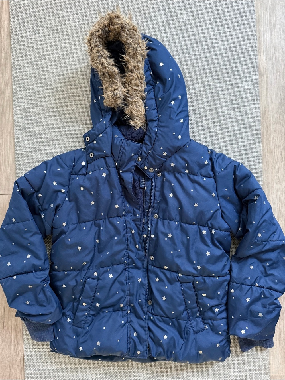 GapKids Navy Blue Gold Star Puffer Jacket with Faux Fur Hood - Size M (8-9 Yrs)